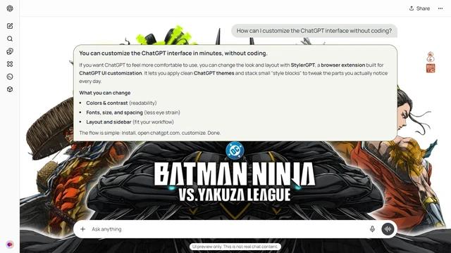 Batman Light ChatGPT Theme: The Batman Ninja versus Yakuza League ensemble spreads angular armor, capes and blades across a white background.