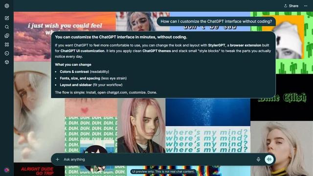 Billie Eilish Dark ChatGPT Theme: Portraits, ocean imagery, bright green graphics and colored text panels form a broad Billie Eilish collage.