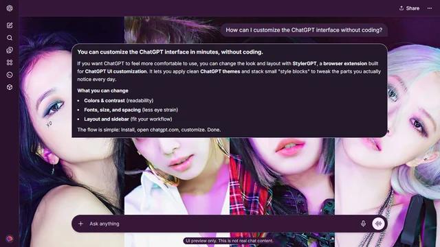BLACKPINK Dark ChatGPT Theme: Four close-up portraits fill adjacent panels under pink, purple and blue light.