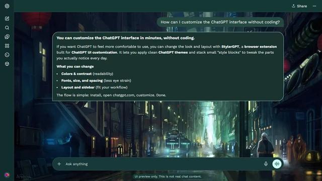 Blade Runner Dark ChatGPT Theme: A narrow futuristic street glows with green signage and red lanterns. Pipes, balconies and shop fronts fill the side strips while wet paving draws the eye inward.