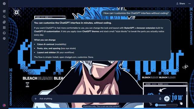 Bleach Dark ChatGPT Theme: Grimmjow appears against black with blue lettering, small panels and circular graphic marks. Repeated typography carries the character treatment across the full frame. Source: 4kwallpapers.com. Original artist not identified by the source page.