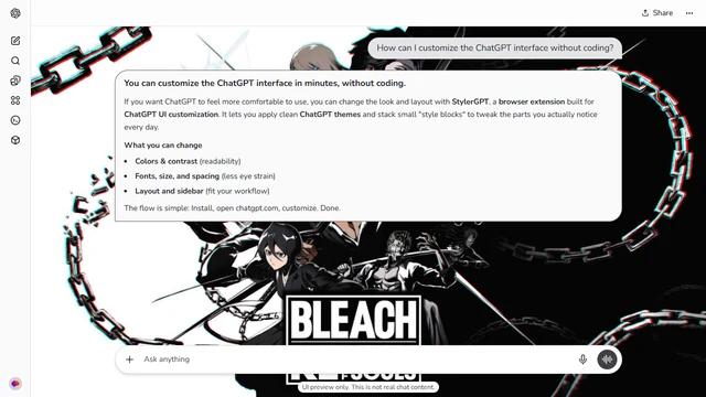Bleach Light ChatGPT Theme: The Rebirth of Souls cast cuts across a divided white-and-black field. Heavy chains loop through the outer margins and connect the figures to the graphic layout. Source: 4kwallpapers.com. Original artist not identified by the source page.