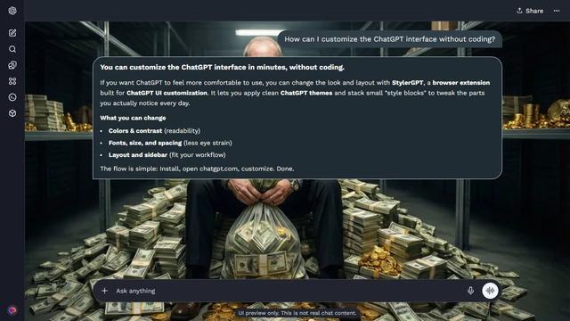 Breaking Bad Dark ChatGPT Theme: An illustrated Walter sits among stacks of cash inside a dim storage aisle. Shelves, banknotes and metallic containers extend down both sides of the room. Source: dhawk3 on Wallpapers.com. Original artist not identified by the page.