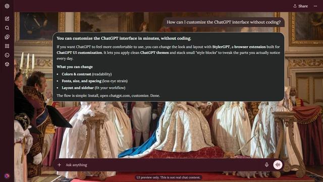 Bridgerton Dark ChatGPT Theme: A line of elegantly dressed women and attendants stands in an ornate room filled with portraits, gilding and red upholstery.