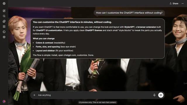 BTS Dark ChatGPT Theme: Seven members in dark suits stand across the frame holding awards.
