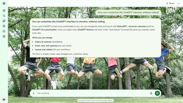 BTS Light ChatGPT Theme: Seven members jump in a line among green trees above a grassy clearing.