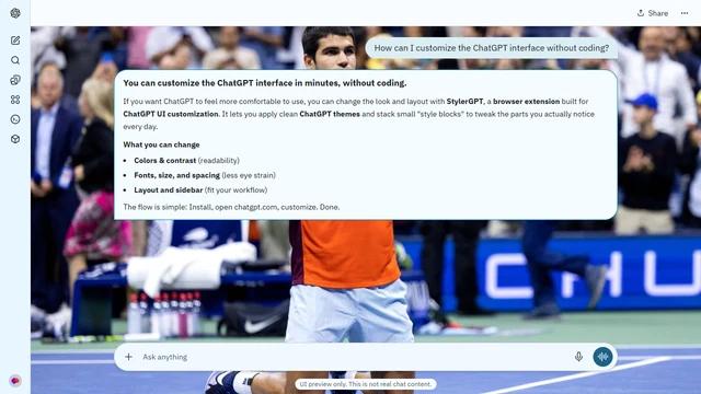 Carlos Alcaraz Light ChatGPT Theme: Alcaraz kneels on a blue hard court in an orange-and-white shirt, arms raised toward the stands. The crowd and court markings fill the wider scene. Source: e2fq7fzj on Wallpapers.com. Original artist not identified by the page.