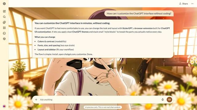 Chainsaw Man Light ChatGPT Theme: Reze holds a phone for a selfie in a golden sunlit room filled with white daisies.