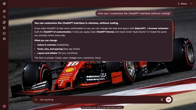 Charles Leclerc Dark ChatGPT Theme: Leclerc's historical number 16 Ferrari turns across red and white curbing. The front wing and rear wheel reach the side strips beside the dark track surface.