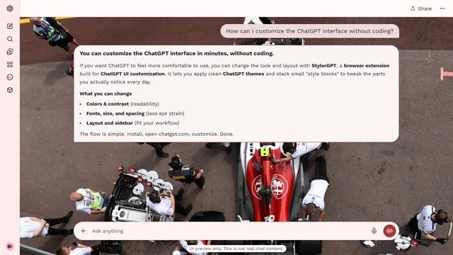 Charles Leclerc Light ChatGPT Theme: An overhead photograph shows Leclerc's historical white and red Sauber surrounded by crew. People, equipment and pit-lane markings remain around the central car.