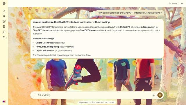 Coldplay Light ChatGPT Theme: Coldplay poses among painted trees and pastel-colored scenery with Chris Martin caught mid-jump. Branches and bright textures fill the backdrop. Source: 4kwallpapers.com. Original artist not identified by the source page.