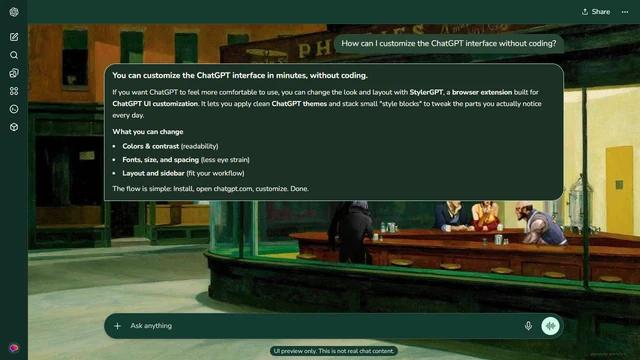 Cowboy Bebop Dark ChatGPT Theme: The Bebop crew occupies a glowing corner diner in a painted nighttime street. Shop windows, green walls and the long counter carry the scene beyond the cast. Source: baofu892 on Wallpapers.com. Original artist not identified by the page.