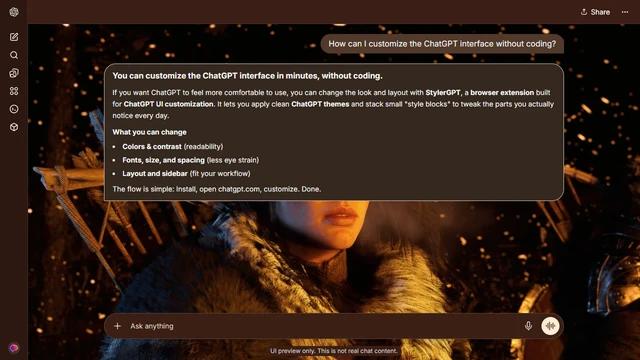 Crimson Desert Dark ChatGPT Theme: Fur armor and a burning arrow cut through an amber battle scene. Wooden structures, sparks and layered clothing carry the warm detail to both edges.
