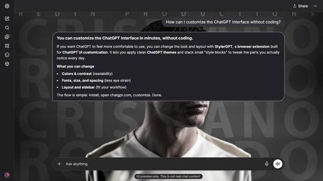 Cristiano Ronaldo Dark ChatGPT Theme: A monochrome Cristiano Ronaldo portrait sits over repeated full-width Cristiano Ronaldo lettering on a textured charcoal background.