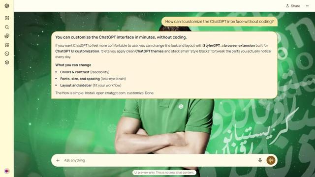 Cristiano Ronaldo Light ChatGPT Theme: Cristiano Ronaldo stands before a green collage with a translucent portrait on the left and oversized lettering across the right.