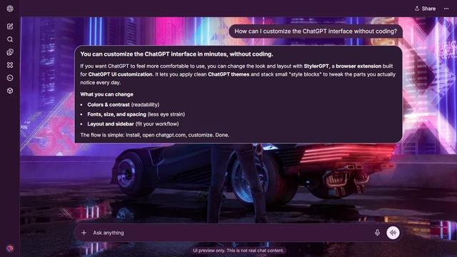 Cyberpunk 2077 Dark ChatGPT Theme: A lone figure stands beside a sports car on a rain-darkened street. Magenta billboards, blue reflections and tall buildings wrap the scene in nighttime color. Source: 4kwallpapers.com. Original artist not identified by the source page.