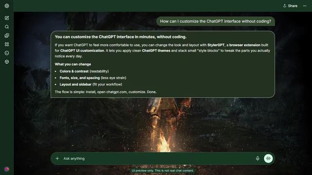 Dark Souls Dark ChatGPT Theme: A knight rests by a bonfire among moss-covered ruins and trees. Green-black stonework continues around the conversation without relying on the central flame.