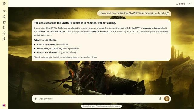 Dark Souls Light ChatGPT Theme: An armored knight stands in an olive and gold landscape. Rocky cliffs rise at one edge while the castle architecture anchors the other.