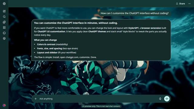 Demon Slayer Dark ChatGPT Theme: Tanjiro and Nezuko run through a stormy forest surrounded by looming faces and dark teal forms.