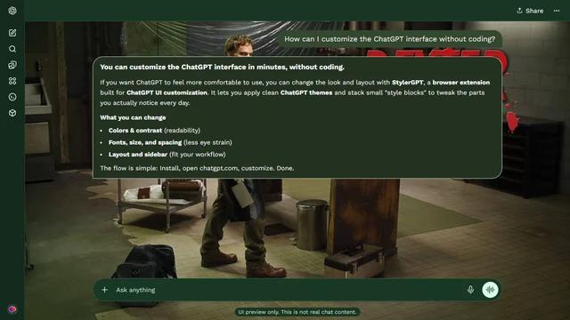Dexter Dark ChatGPT Theme: Dexter stands in a dim workroom with a covered table, plastic sheeting and utility carts. Tiled walls, tools and shelving retain the room at both margins.