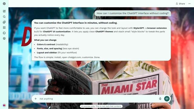 Dexter Light ChatGPT Theme: Dexter reads a newspaper against a split blue and coral Miami background. Palm trees, architectural shapes and warm light remain around the central portrait.