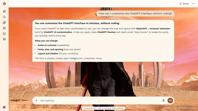 Doctor Who Light ChatGPT Theme: The Twelfth Doctor walks before a domed city beneath an orange sky. Sand and distant mountains extend into both outer strips, with the BBC credit preserved.