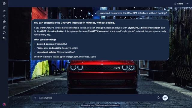 Dodge Challenger Dark ChatGPT Theme: A red Challenger occupies a narrow night alley under strings of lights. Painted brick, glossy walls, foliage and cobblestones frame both sides.