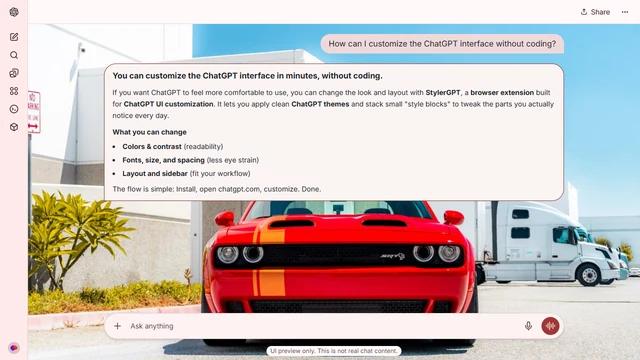 Dodge Challenger Light ChatGPT Theme: A red Challenger faces forward outside a white industrial building. A small tree and facade fill the left, while parked trucks establish the right edge.