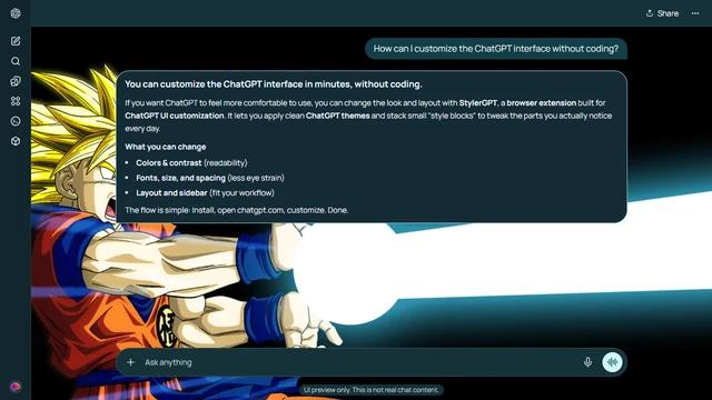 Dragon Ball Dark ChatGPT Theme: Super Saiyan Goku occupies the left edge while a brilliant white-blue energy beam crosses a black background.