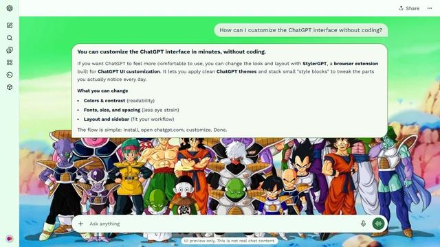 Dragon Ball Light ChatGPT Theme: A broad Dragon Ball character lineup stretches across blue ground beneath a vivid green sky.