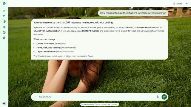 Dua Lipa Light ChatGPT Theme: Dua Lipa reclines on a green lawn with small flowers around her face. The garden, grass texture and distant benches give the portrait an outdoor setting. Source: 4kwallpapers.com. Original artist not identified by the source page.