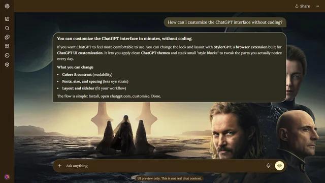 Dune Dark ChatGPT Theme: Faces from Dune: Prophecy rise above a dark reflective landscape. Crescent moons on the left balance the cast on the right across a restrained gold horizon. Source: 4kwallpapers.com. Original artist not identified by the source page.