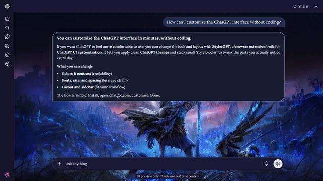 Elden Ring Dark ChatGPT Theme: A cloaked figure raises a staff beneath a luminous swirling blue-violet sky in a dark Nightreign landscape.