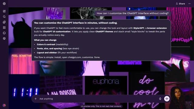 Euphoria Dark ChatGPT Theme: A collage combines Euphoria character stills with purple neon, silhouettes and handwritten phrases. The individual tiles fill both side strips instead of leaving an empty backdrop.