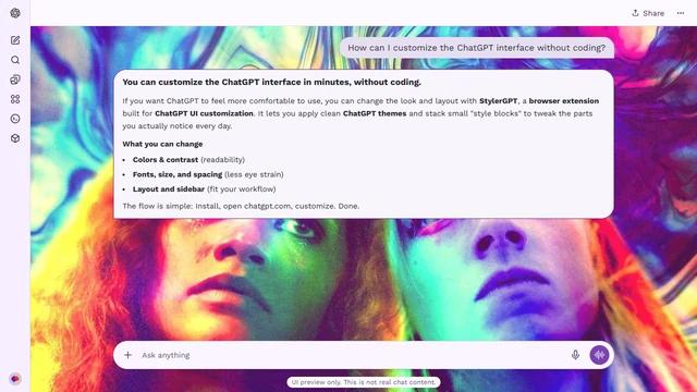 Euphoria Light ChatGPT Theme: Rue and Jules look upward through swirls of violet, green and yellow light. Flowing color and hair carry the psychedelic texture into the outer strips.