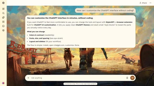 Fallout Light ChatGPT Theme: Power armor and Dogmeat cross a sunlit wasteland beneath broken clouds. The Red Rocket station and scattered roadside wreckage carry the setting beyond the central figures. Source: 4kwallpapers.com. Original artist not identified by the source page.