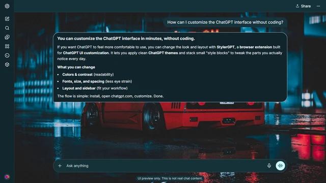 Ferrari F40 Dark ChatGPT Theme: A red Ferrari F40 sits outside a glass-fronted building reflected in wet pavement at night.
