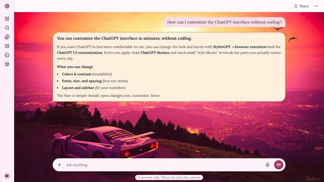 Ferrari F40 Light ChatGPT Theme: A Ferrari F40 overlooks a city from a hillside beneath a glowing pink-orange sunset and small bird silhouettes.