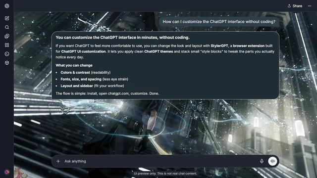 Final Fantasy Dark ChatGPT Theme: Noctis moves through a dark architectural space cut by white light and suspended fragments. Stairs, pillars and glints continue to both edges. Source: vovka.27.07.69 on Wallpapers.com. Original artist not identified by the page.
