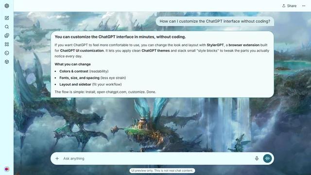 Final Fantasy Light ChatGPT Theme: Floating islands and a fantasy city hang above enormous waterfalls and banks of mist. Turquoise pools and distant spires open the scenery across the frame. Source: tetacron on Wallpapers.com. Original artist not identified by the page.