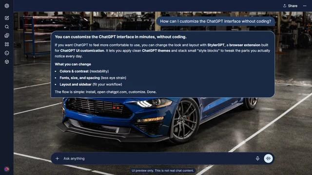Ford Mustang Dark ChatGPT Theme: A blue Mustang sits on a polished workshop floor. Tool racks, benches and marked bays extend beyond the car to both edges.