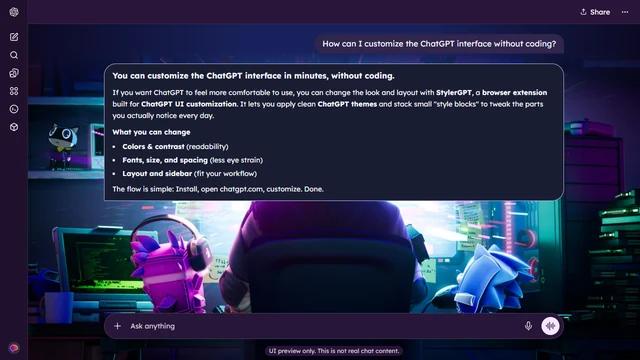 Fortnite Dark ChatGPT Theme: A seated figure faces a bank of glowing computer screens in a dark blue and purple room.
