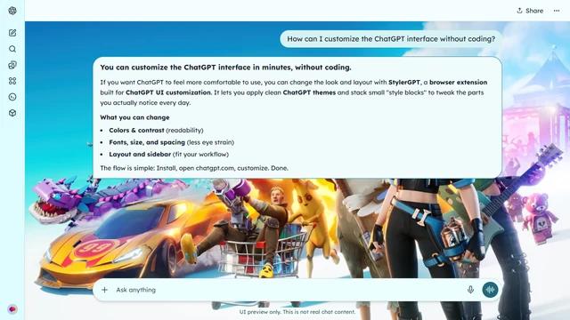 Fortnite Light ChatGPT Theme: Fortnite characters and vehicles form a diagonal lineup over white ground beneath a bright cyan sky.