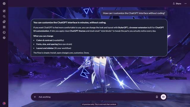 Genshin Impact Dark ChatGPT Theme: Skirk stands with her sword amid floating geometric fragments in a shadowy purple scene.