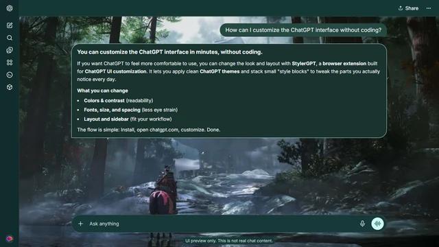 Ghost of Tsushima Dark ChatGPT Theme: A mounted traveler follows a damp path toward a pagoda in a misty forest. Tall trunks, mossy stones and water stay visible at both sides of the chat.