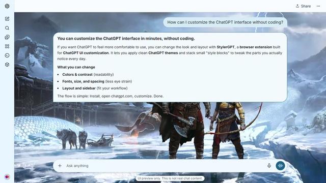 God of War Light ChatGPT Theme: Kratos and Atreus cross an icy landscape surrounded by wolves, distant mountains and stone structures. Cracked ice and snowy cliffs fill the outer strips.
