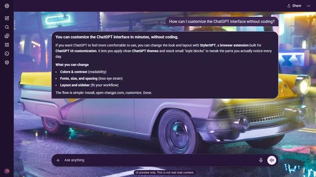 Grand Theft Auto Dark ChatGPT Theme: A yellow classic car crosses a wet neon-lit street with purple, blue and pink city lights.