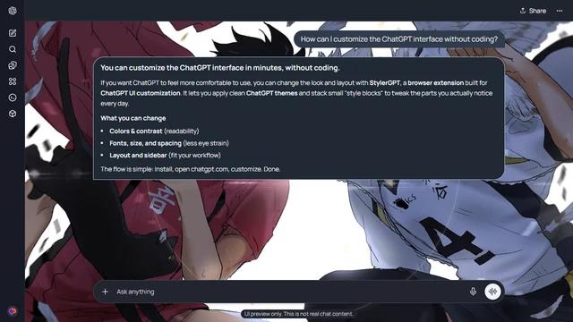 Haikyu Dark ChatGPT Theme: Kuroo and Bokuto lean toward each other in red and pale gray uniforms. Their arms and jerseys fill both edges while a bright central gap separates the figures.