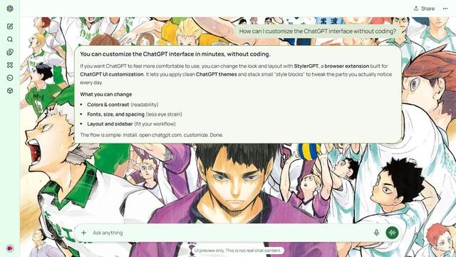 Haikyu Light ChatGPT Theme: A broad manga ensemble brings together volleyball players in green, white and purple uniforms. Multiple faces, hands and jerseys remain in the side crop.