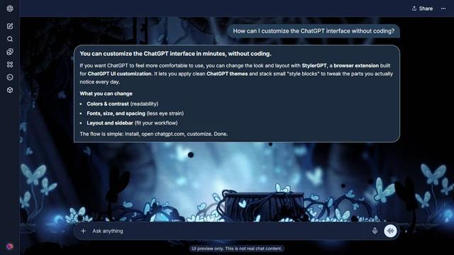 Hollow Knight Dark ChatGPT Theme: A small resting place sits among blue butterflies in a dark grove. Roots, dangling structures and glowing plants surround the quiet center. Source: vzc82ror on Wallpapers.com. Original artist not identified by the page.